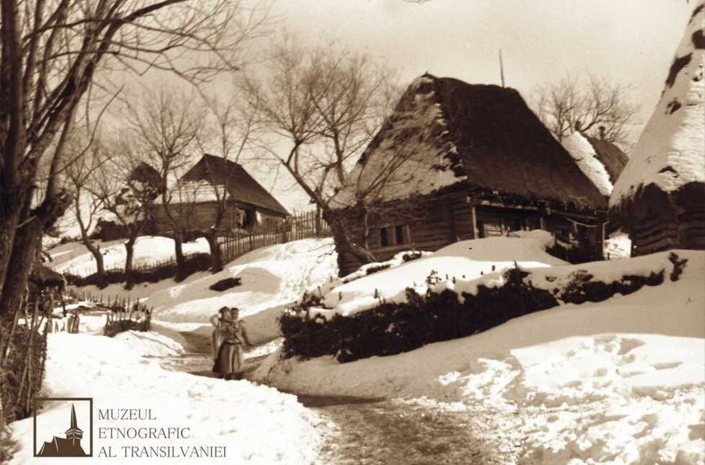 Uliță din Ținutul Pădurenilor, iarna. Fotografie realizată de Denis Galloway, aflată în patrimoniul Muzeului Etnografic al Transilvaniei