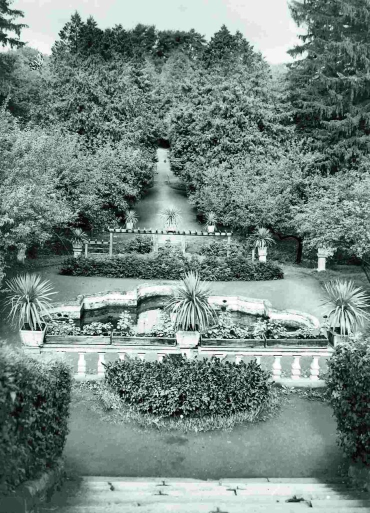 Parcul Palatului Brukenthal, Avrig - clișeu pe sticlă. Imagine după clișeu pe sticlă cu parcul Palatului Brukenthal – actuala grădină franceză și aleea de promenadă de lângă pădure; în centru, sub marea scară în aer liber, se află bazinul cu fântână arteziană, alimentat de o sursă amenajată artificial, în 1920 (© Muzeul Național Brukenthal, Muzeul de Istorie - Casa Altemberger, Colecția Fischer)