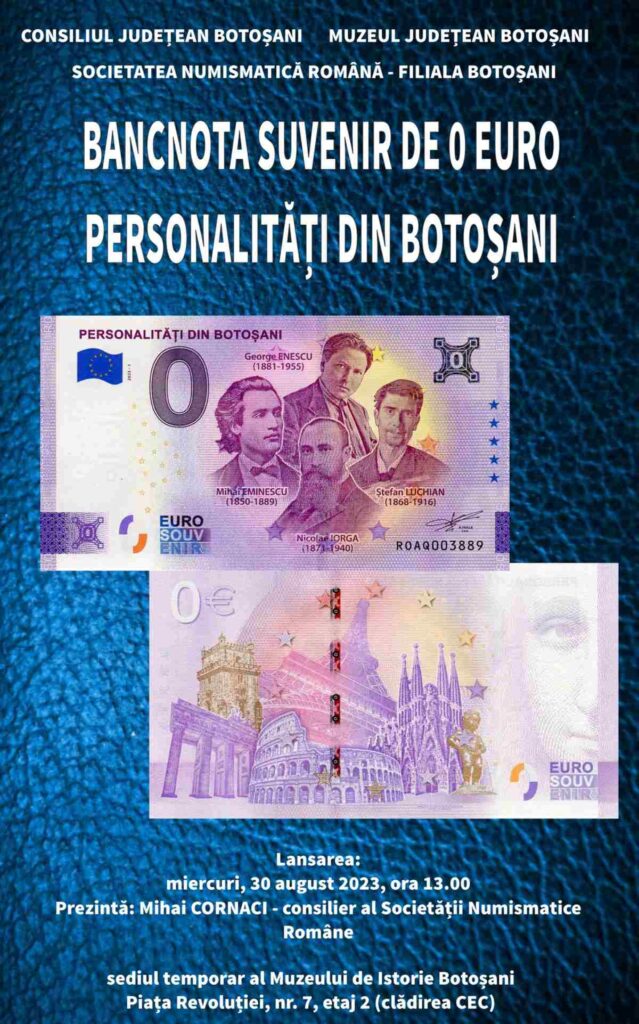 „Personalități din Botoșani” - bancnotă suvenir de 0 euro (foto: Muzeul Județean Botoșani)