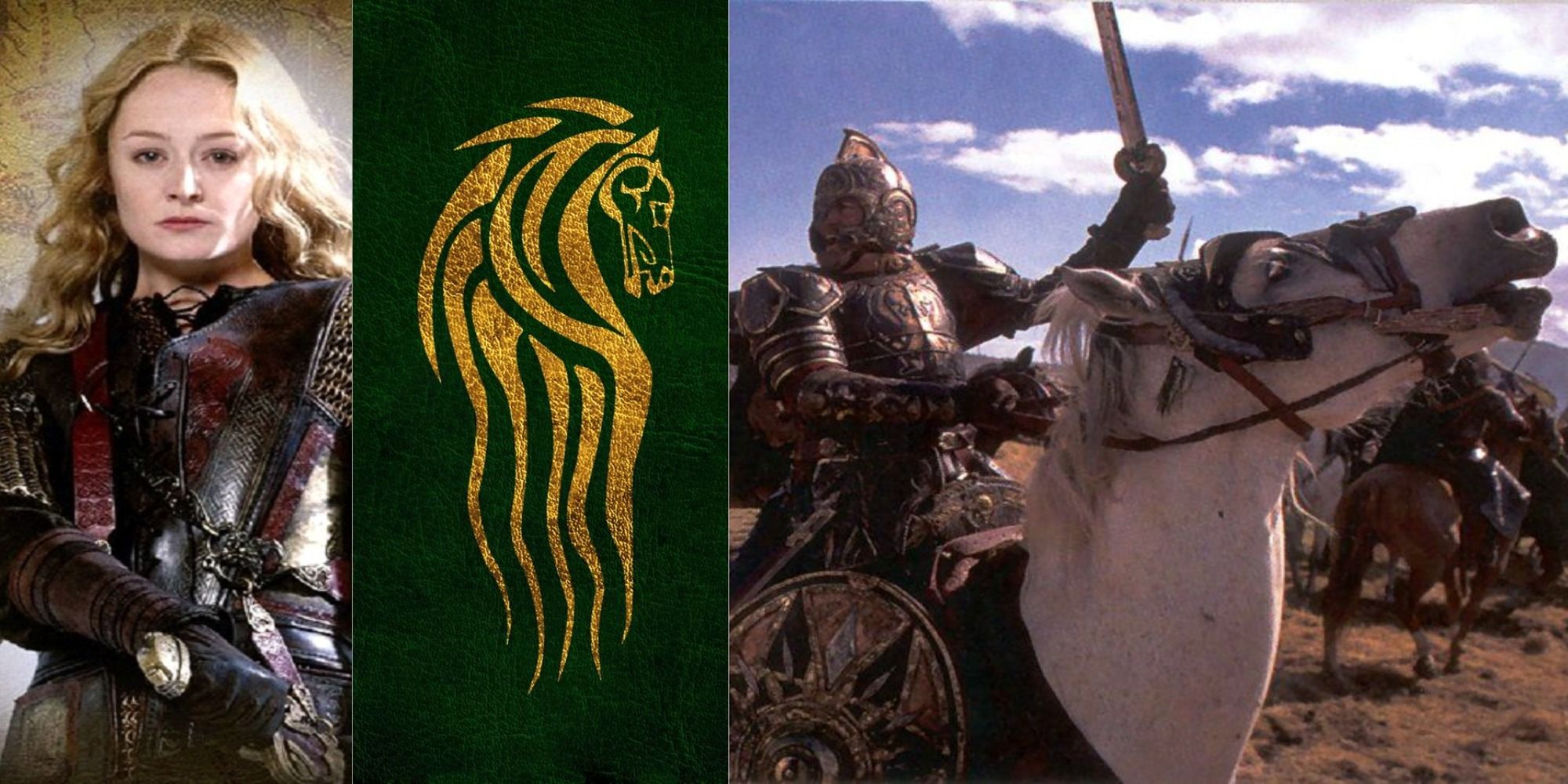 title split image Emowyn flag of Rohan King Theoden and Snowmane