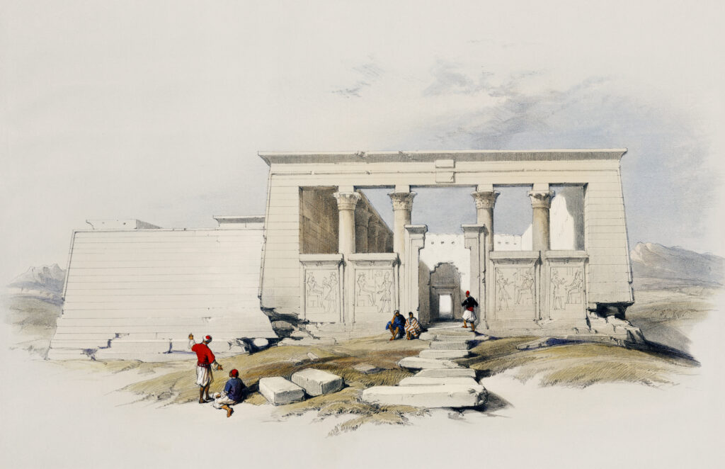 Temple at Wady Dabod (Wadi Dabud) Nubia illustration by David Roberts (1796-1864).