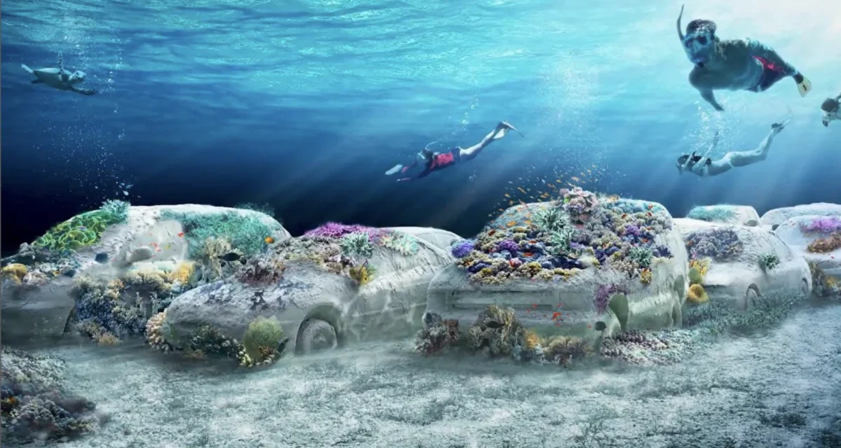 Zeci de mașini din beton, scufundate în ocean la Miami. Cum va arăta instalația care se transformă în recif de corali
